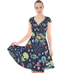 Alien Rocket Space Aesthetic Cap Sleeve Front Wrap Midi Dress by Sarkoni