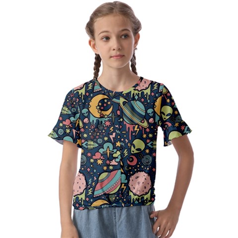 Alien Rocket Space Aesthetic Kids  Cuff Sleeve Scrunch Bottom T-shirt by Sarkoni