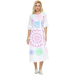 Flower Pattern T- Shirt Colorful Groovy Flower Pattern Outline T- Shirt Double Cuff Midi Dress by EnriqueJohnson