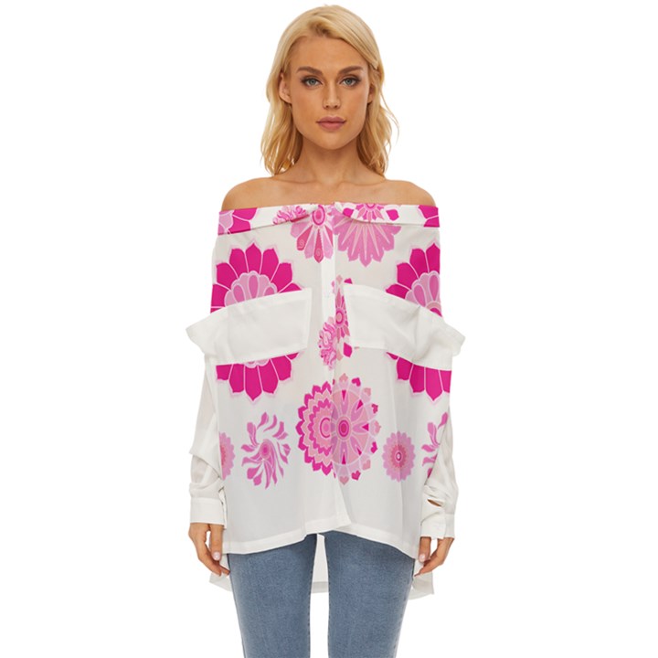 Flower Pattern T- Shirt Pink Psychedelic Floral Power Pattern T- Shirt Off Shoulder Chiffon Pocket Shirt