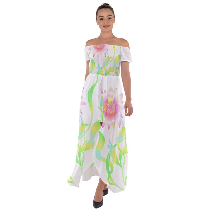 Flower Pattern T- Shirtflower T- Shirt Off Shoulder Open Front Chiffon Dress