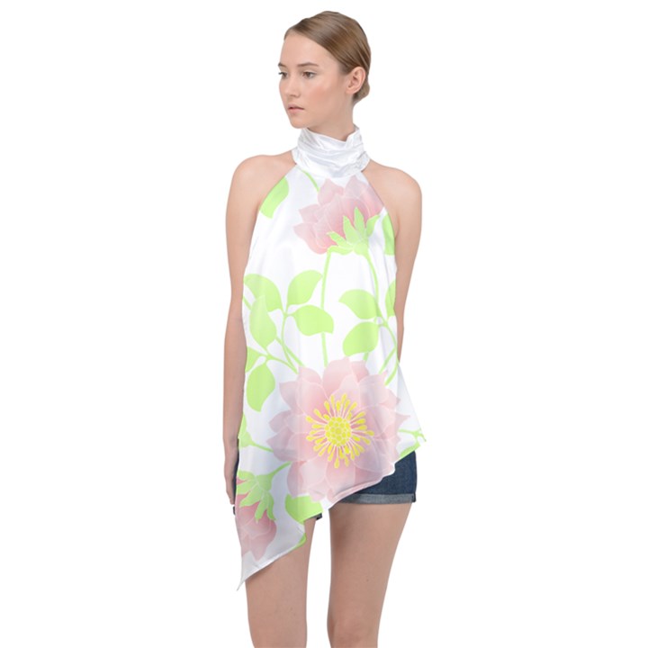 Flowers Illustration T- Shirtflowers T- Shirt (8) Halter Asymmetric Satin Top