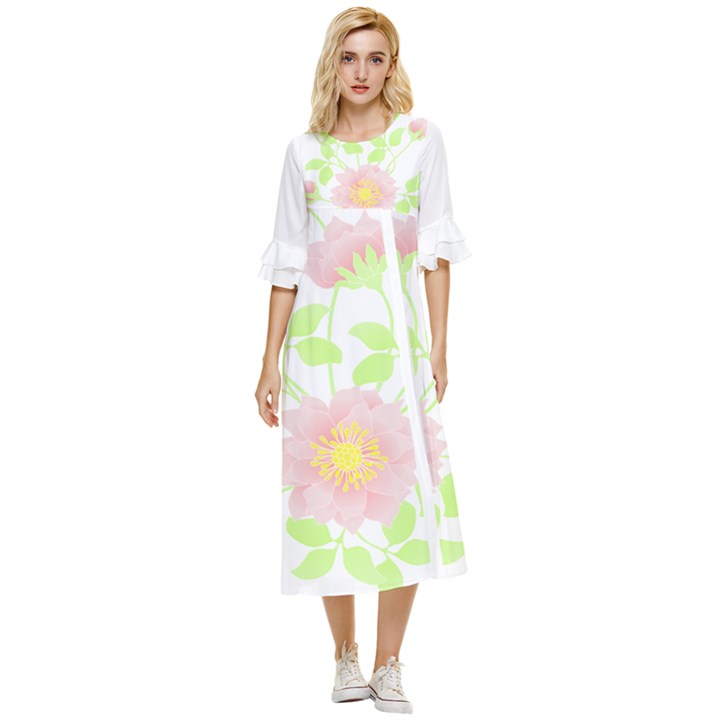 Flowers Illustration T- Shirtflowers T- Shirt (8) Double Cuff Midi Dress