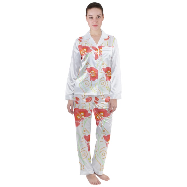 Flowers Illustration T- Shirtflowers T- Shirt Women s Long Sleeve Satin Pajamas Set	