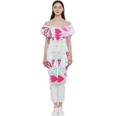 Flowers T- Shirt Batik Flower Pattern T- Shirt Bardot Ruffle Jumpsuit