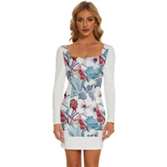 Hawaii T- Shirt Hawaii Flora Pattern T- Shirt Long Sleeve Square Neck Bodycon Velvet Dress