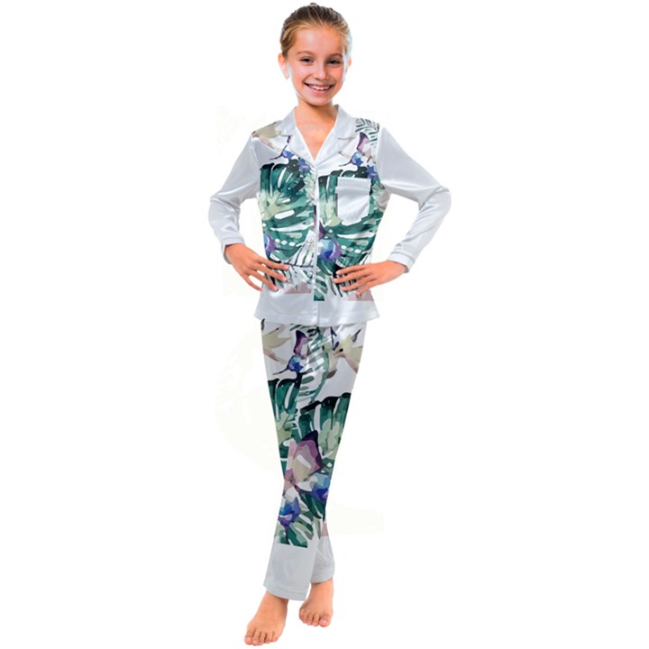 Hawaii T- Shirt Hawaii Flora T- Shirt Kids  Satin Long Sleeve Pajamas Set