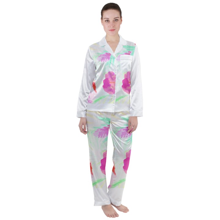 Hawaii T- Shirt Hawaii Flowerbages Pattern T- Shirt Women s Long Sleeve Satin Pajamas Set	