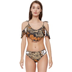 Human Skull  Skull Art Skeleton Illustration Ruffle Edge Tie Up Bikini Set	