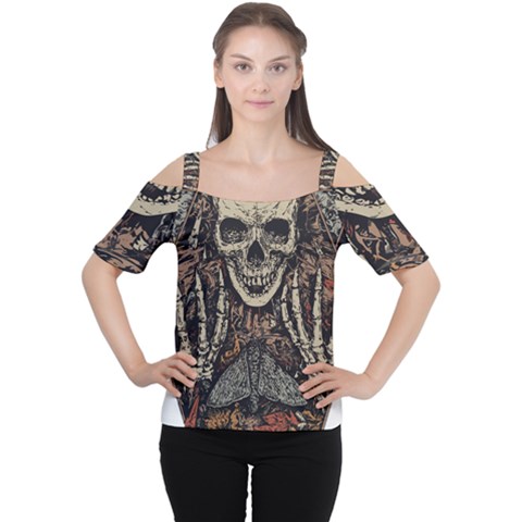 Gray And Multicolored Skeleton Illustration Cutout Shoulder T-shirt by uniart180623