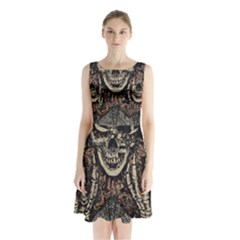 Gray And Multicolored Skeleton Illustration Sleeveless Waist Tie Chiffon Dress by uniart180623