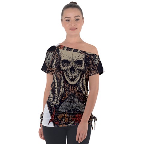 Gray And Multicolored Skeleton Illustration Off Shoulder Tie-up T-shirt by uniart180623