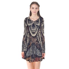 Gray And Multicolored Skeleton Illustration Long Sleeve V-neck Flare Dress by uniart180623