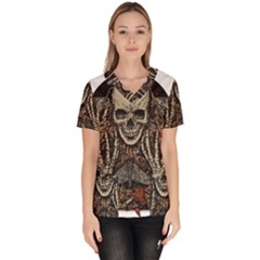 Gray And Multicolored Skeleton Illustration Women s V-neck Scrub Top by uniart180623