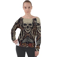 Gray And Multicolored Skeleton Illustration Off Shoulder Long Sleeve Velour Top by uniart180623