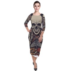 Gray And Multicolored Skeleton Illustration Quarter Sleeve Midi Velour Bodycon Dress by uniart180623