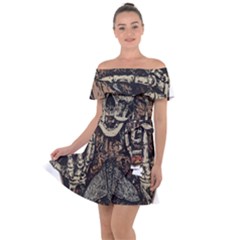 Gray And Multicolored Skeleton Illustration Off Shoulder Velour Dress