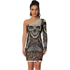 Gray And Multicolored Skeleton Illustration Long Sleeve One Shoulder Mini Dress by uniart180623