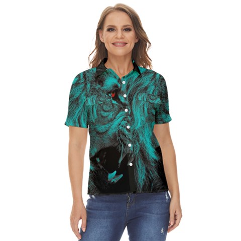 Angry Male Lion Predator Carnivore Women s Short Sleeve Double Pocket Shirt by uniart180623