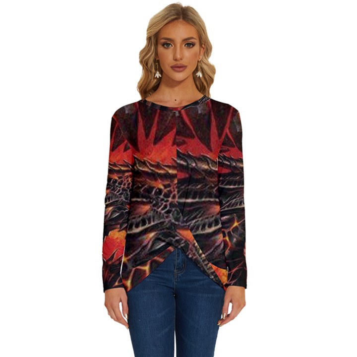 Dragon Long Sleeve Crew Neck Pullover Top