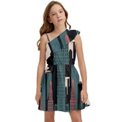 New York City Nyc Skyline Cityscape Kids  One Shoulder Party Dress by uniart180623