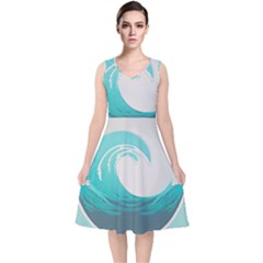 Tidal Wave Ocean Sea Tsunami Wave Minimalist V-neck Midi Sleeveless Dress  by uniart180623