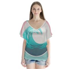 Tidal Wave Ocean Sea Tsunami Wave Minimalist V-neck Flutter Sleeve Top by uniart180623