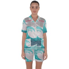 Tidal Wave Ocean Sea Tsunami Wave Minimalist Satin Short Sleeve Pajamas Set by uniart180623