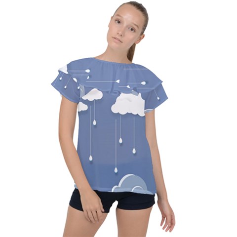 Clouds Rain Paper Raindrops Weather Sky Raining Ruffle Collar Chiffon Blouse by uniart180623