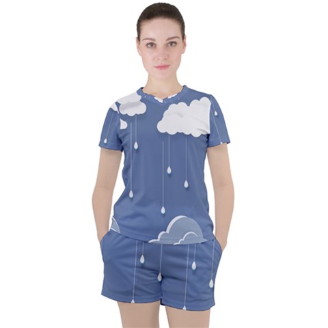 Clouds Rain Paper Raindrops Weather Sky Raining Women s T-shirt And Shorts Set by uniart180623