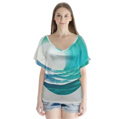 Tsunami Tidal Wave Wave Minimalist Ocean Sea V-neck Flutter Sleeve Top by uniart180623