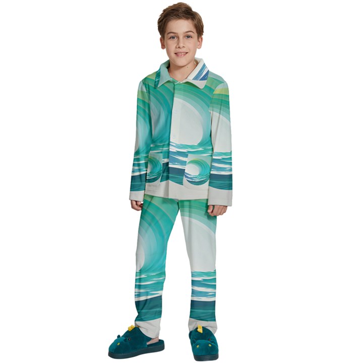 Tsunami Tidal Wave Wave Minimalist Ocean Sea Kids  Long Sleeve Velvet Pajamas Set