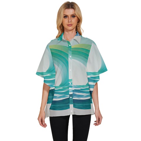 Tsunami Tidal Wave Wave Minimalist Ocean Sea Women s Batwing Button Up Shirt by uniart180623