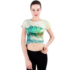 Waves Ocean Sea Tsunami Nautical Painting Crew Neck Crop Top by uniart180623