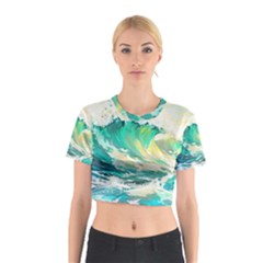 Waves Ocean Sea Tsunami Nautical Painting Cotton Crop Top by uniart180623