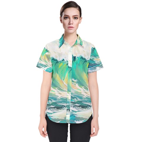 Waves Ocean Sea Tsunami Nautical Painting Women s Short Sleeve Shirt by uniart180623