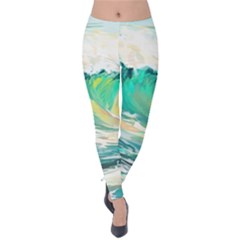 Waves Ocean Sea Tsunami Nautical Painting Velvet Leggings by uniart180623