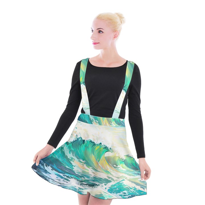 Waves Ocean Sea Tsunami Nautical Painting Suspender Skater Skirt