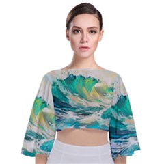 Waves Ocean Sea Tsunami Nautical Painting Tie Back Butterfly Sleeve Chiffon Top by uniart180623