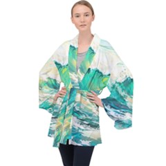 Waves Ocean Sea Tsunami Nautical Painting Long Sleeve Velvet Kimono  by uniart180623