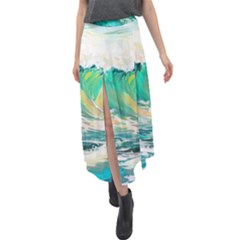 Waves Ocean Sea Tsunami Nautical Painting Velour Split Maxi Skirt by uniart180623