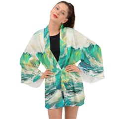 Waves Ocean Sea Tsunami Nautical Painting Long Sleeve Kimono by uniart180623