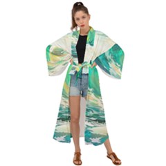 Waves Ocean Sea Tsunami Nautical Painting Maxi Kimono by uniart180623