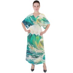 Waves Ocean Sea Tsunami Nautical Painting V-neck Boho Style Maxi Dress by uniart180623