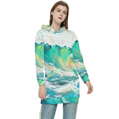 Waves Ocean Sea Tsunami Nautical Painting Women s Long Oversized Pullover Hoodie by uniart180623