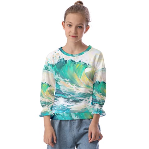 Waves Ocean Sea Tsunami Nautical Painting Kids  Cuff Sleeve Top by uniart180623