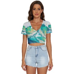 Waves Ocean Sea Tsunami Nautical Painting V-neck Crop Top by uniart180623