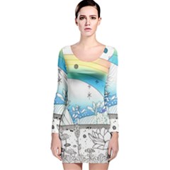 Rainbow Fun Cute Minimal Doodle Drawing Long Sleeve Velvet Bodycon Dress