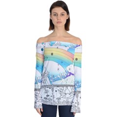 Rainbow Fun Cute Minimal Doodle Drawing Off Shoulder Long Sleeve Top by uniart180623