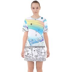 Rainbow Fun Cute Minimal Doodle Drawing Sixties Short Sleeve Mini Dress by uniart180623